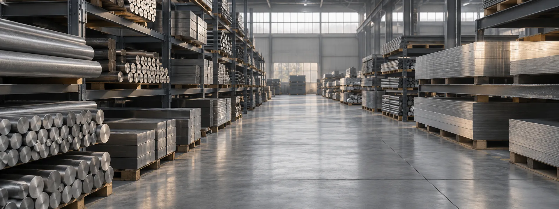 Gelagerte Metallprofile in einer Industriehalle